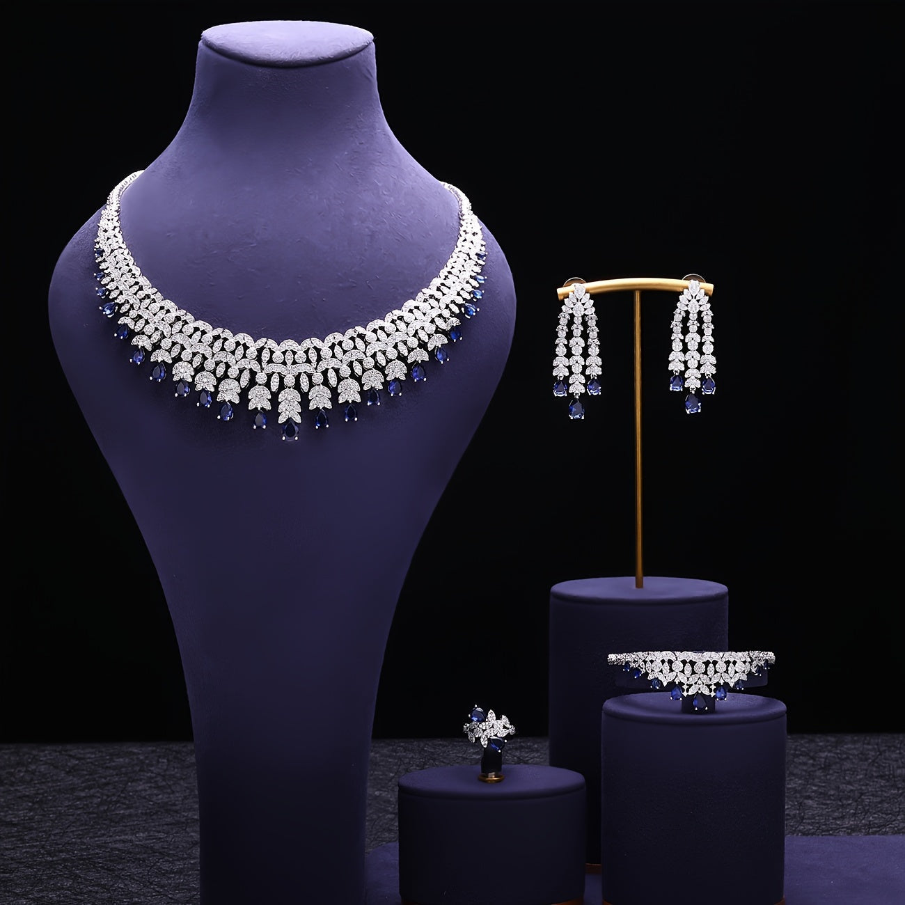 White Cubic Zirconia Bridal Jewelry Set Necklace Earrings Ring Gold Plated Wedding Accessories