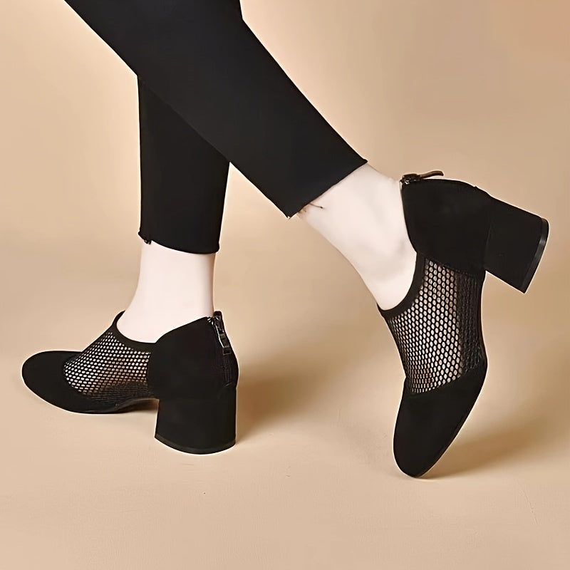 Women Mesh Sandals with Thick Heel and Zipper Closure Black