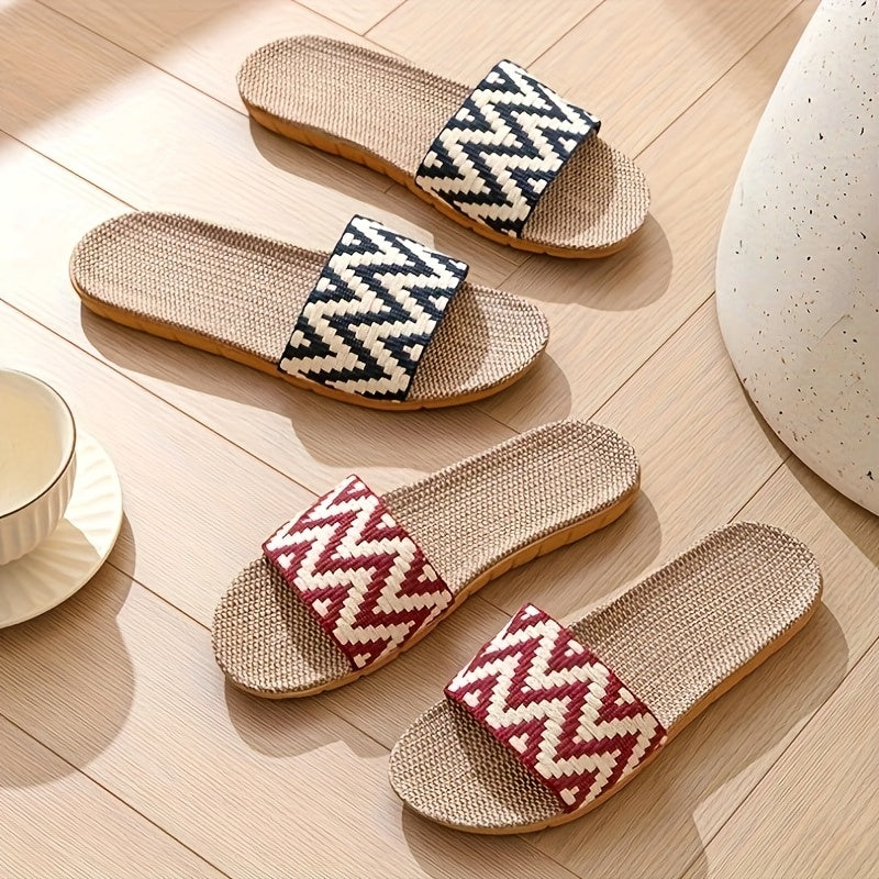 Unisex Linen Slip-On Slippers with Chevron Pattern Non-Slip EVA Sole