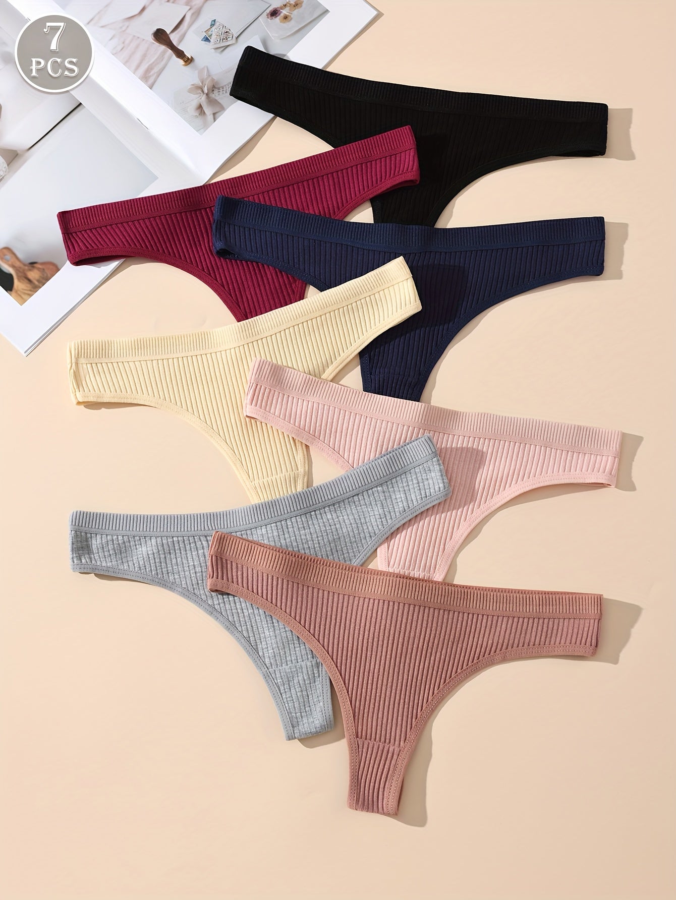7-Pack Women's Cotton Low-Rise Thong Underwear Solid Colors
