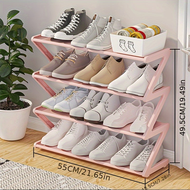4-Tier Z-Shaped Plastic Shoe Rack with Black Cloth Finish Stackable Home Organizer
