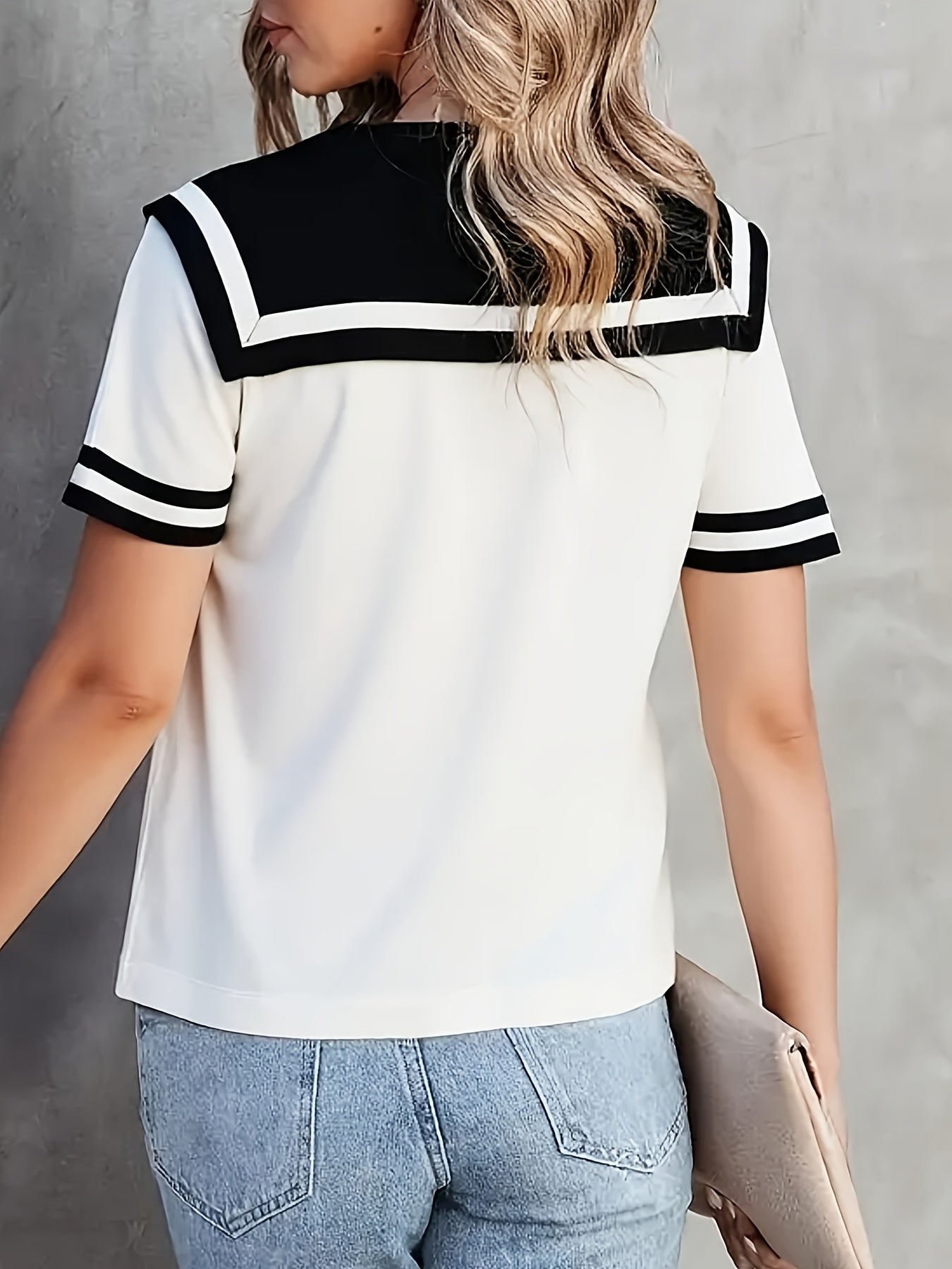 Top de cuello marinero para mujer blanco negro con lazo manga corta poliéster casual pulóver