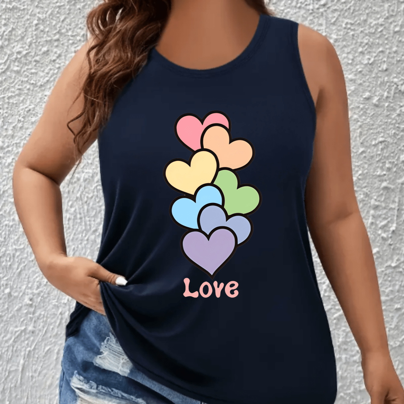 Plus Size Women's Tank Top with Heart Graphic Sleeveless Activewear Navy Blue