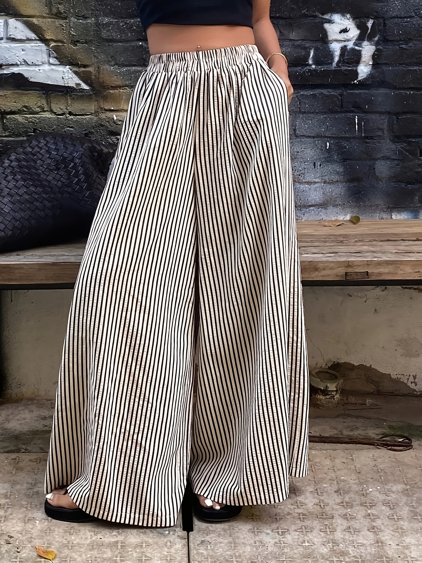 Women's Polyester Wide-Leg Pants Elastic Waist Black and White Stripes