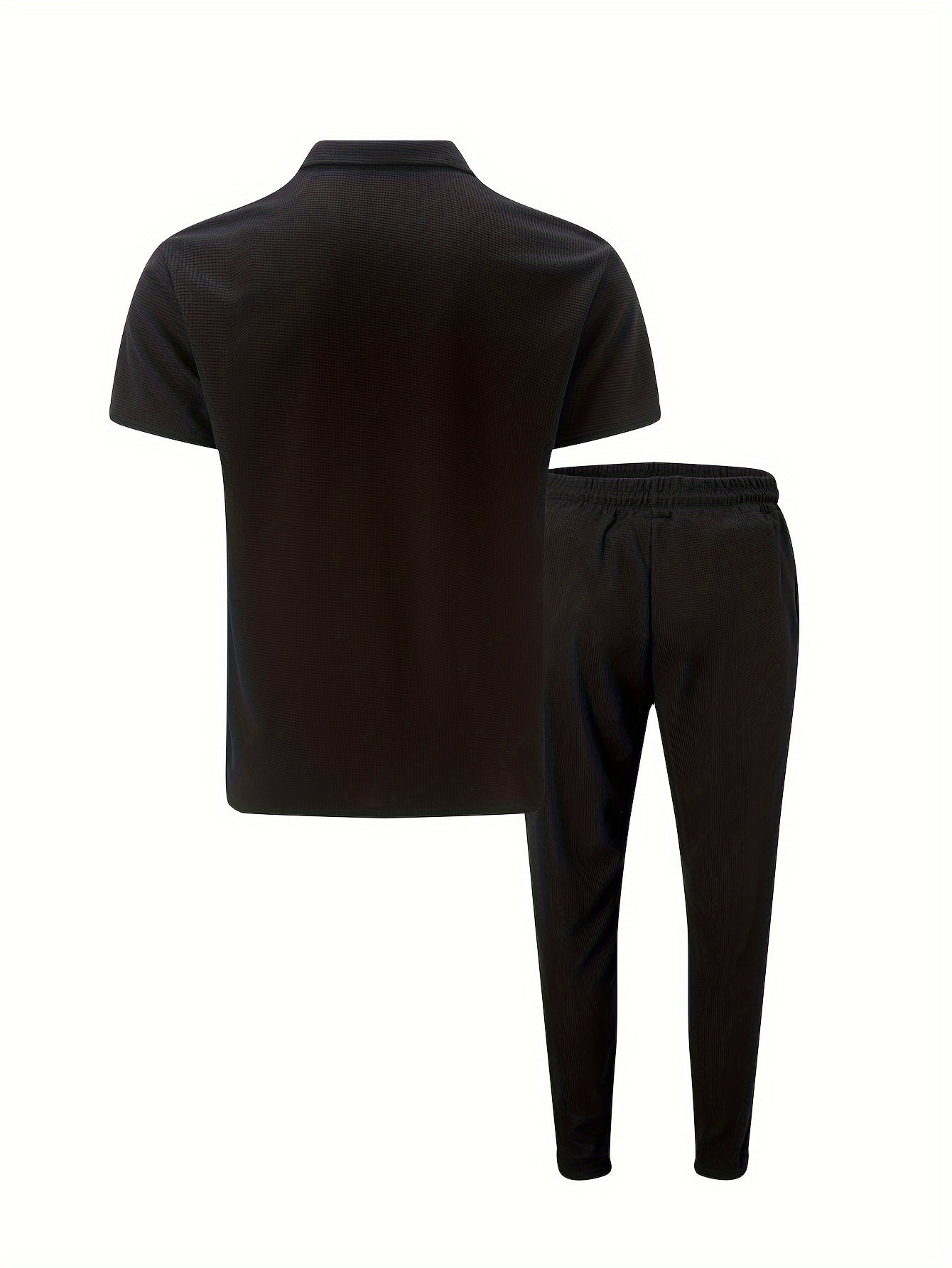Men's Waffle Knit Two-Piece Set Short Sleeve Top Zipper Long Pants Casual