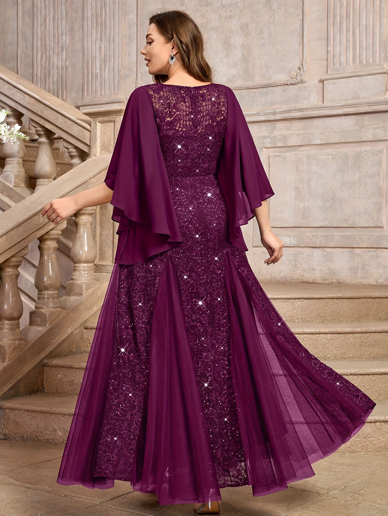 Elegant Floral Mermaid Dress with Butterfly Sleeves Sequin Lace Mesh Evening Gown