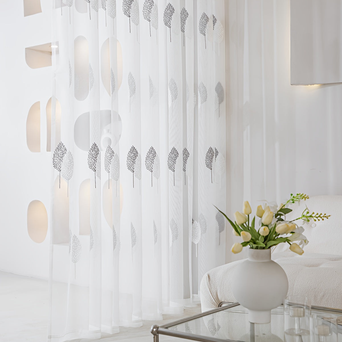 Sheer Leaf Embroidered Curtain with Rod Pocket for Living Room or Bedroom