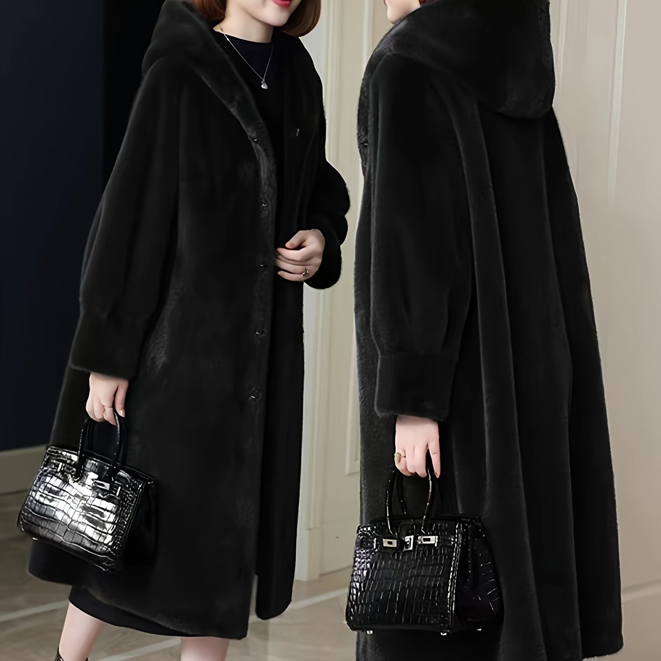 Klassik uslubda, uzun uzunlikda, raglan yenglari, ozgina cho'ziluvchanligi, bir rangli, kengaytirilgan pastki qismi va to'qilgan mato bilan polyester aralashmasidan tayyorlangan plus o'lchamdagi soxta mo'yna kaputli palto, kuz/qish kolleksiyasi uchun.