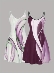 Women Plus Size V-Neck Spaghetti Strap Nightgowns White Purple Abstract Print Slip Dresses