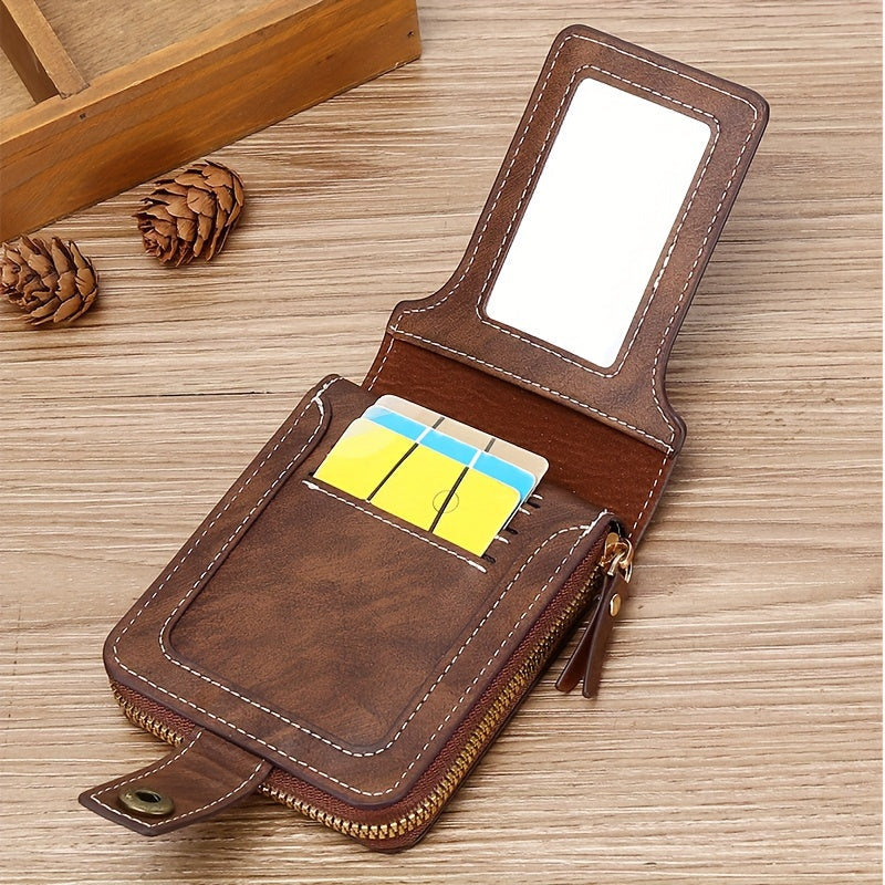 Men's PU Zipper Wallet with Button Decor Credit Card Holder Bifold Coffee