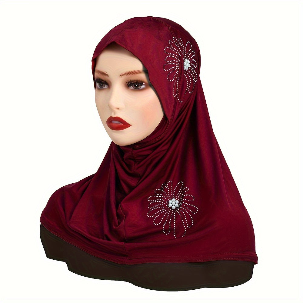 Women's Solid Color Elastic Polyester Hijab with Rhinestone and Pearl Accents