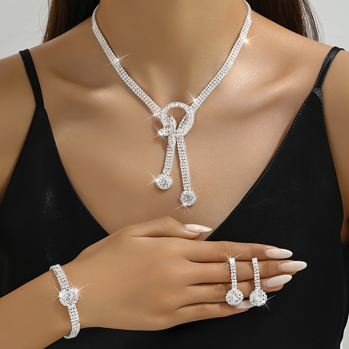 Elegant Rhinestone Jewelry Set for Women with Tassel Necklace and Earrings