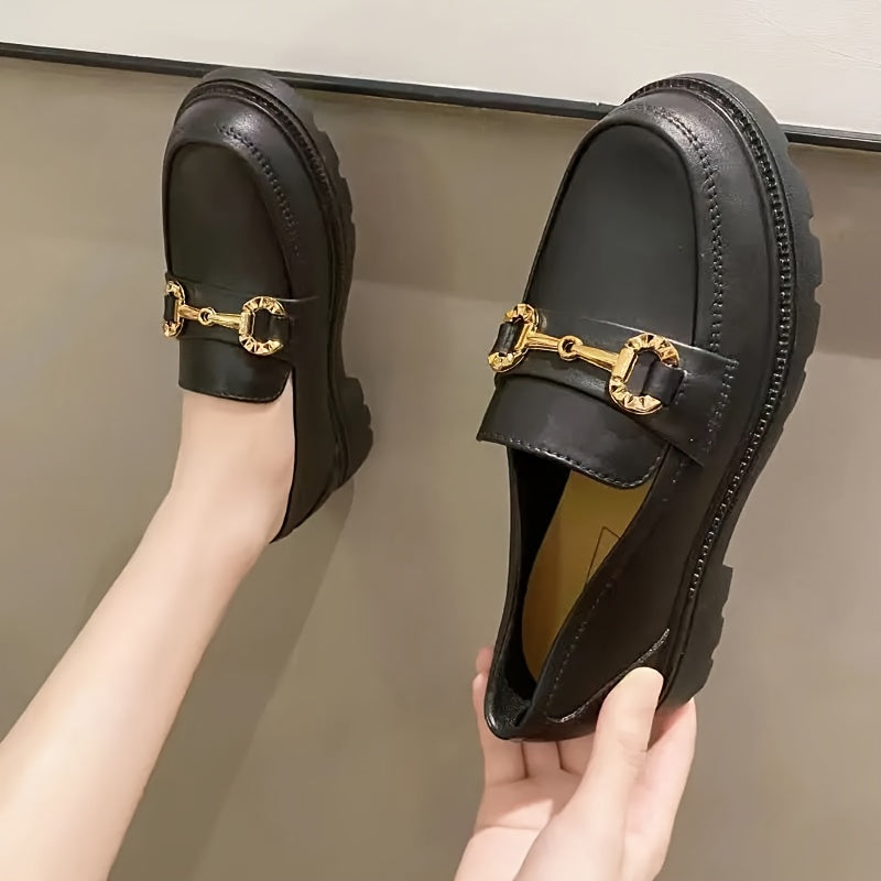 Women's Loafers with Metallic Buckle Straps Casual Beige and Black TPU Shoes