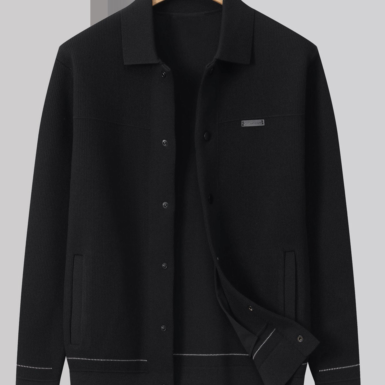 Men's Knit Cardigan Sweater with Business Collar and Pockets in Solid Color