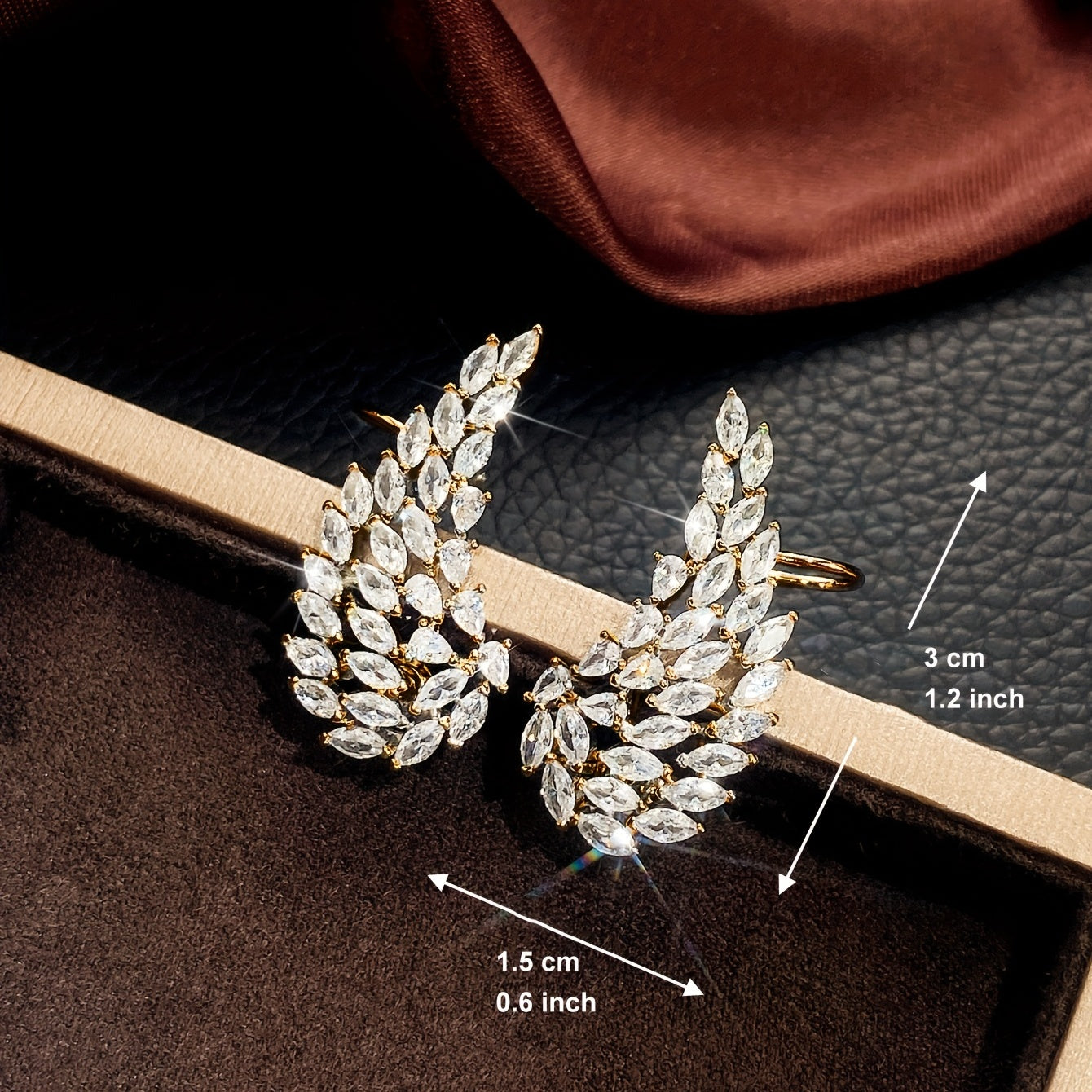 Minimalist Gold Leaf Ear Clips with Zirconia Inlays for Women