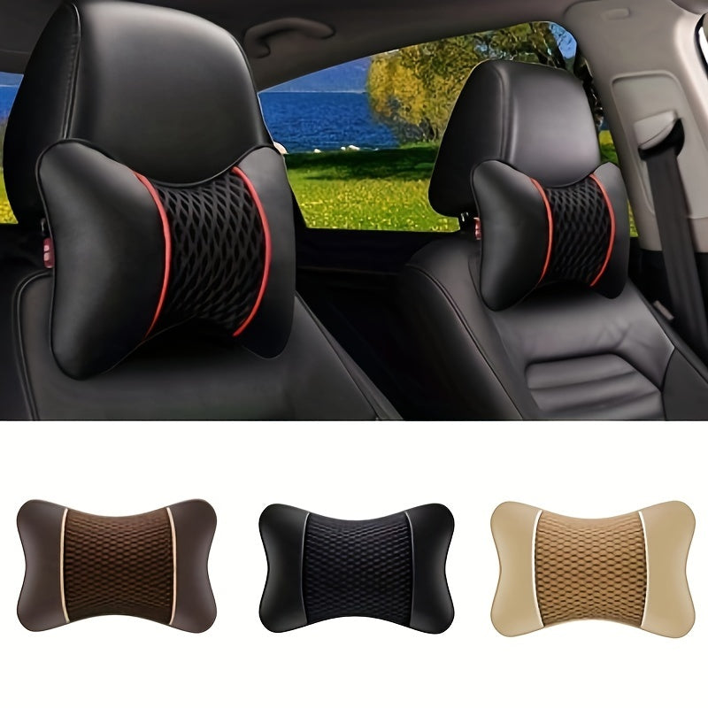 Universal Car Pillow Neck Support Cushion Black PU Leather Knitted Headrest