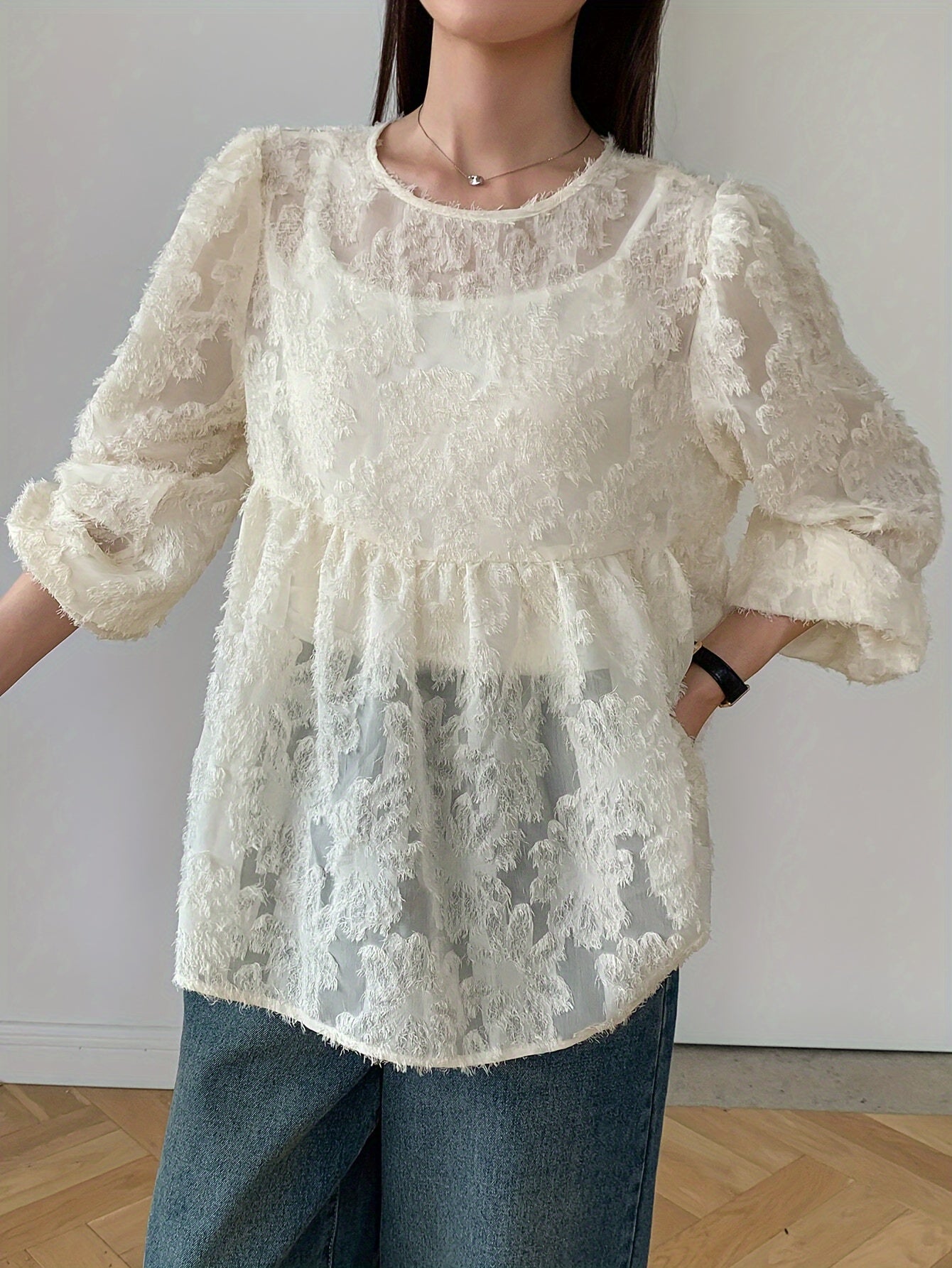 Women's Long Sleeve Blouse with Ruffled Hem in Textured Polyester Fabric