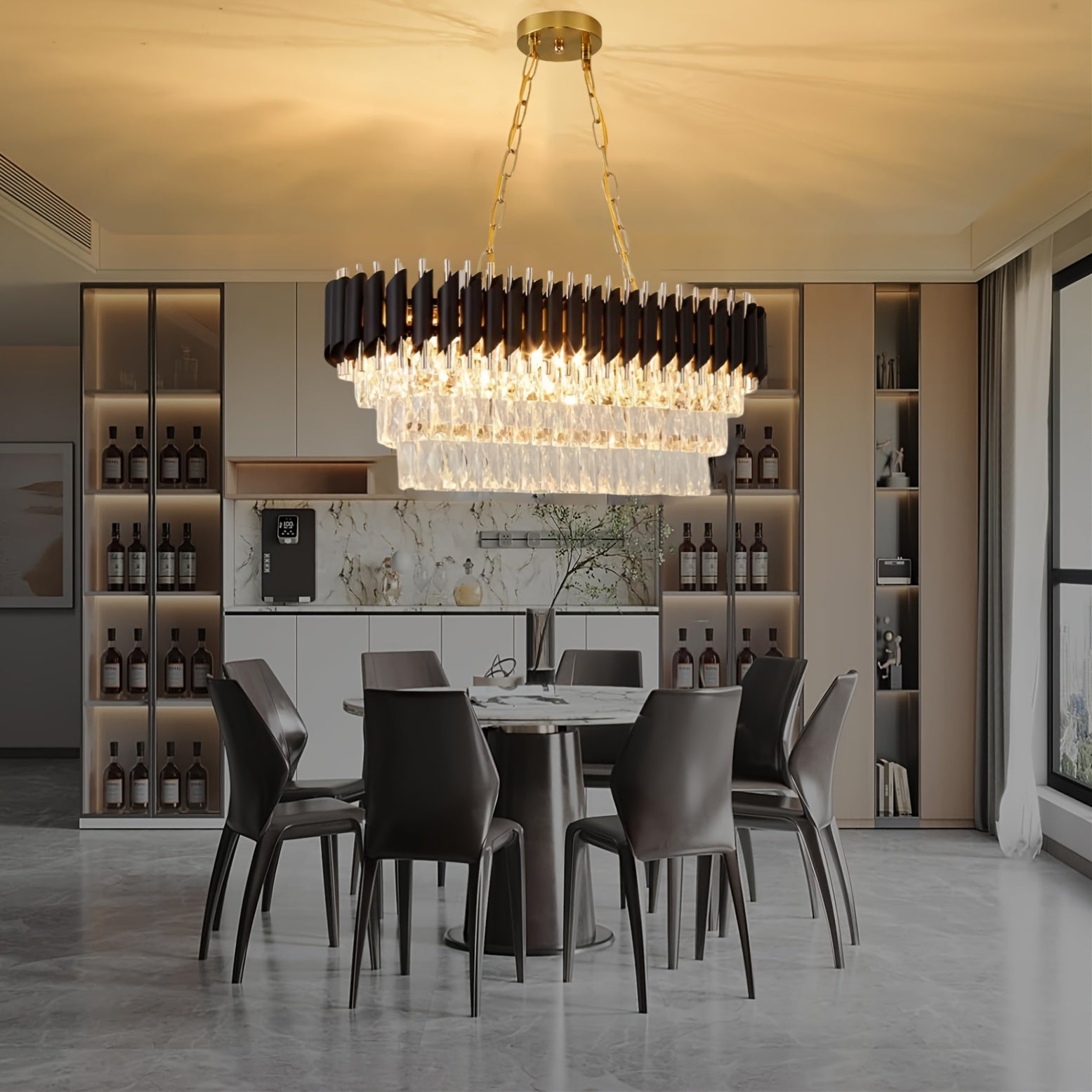 8-Chiroyli qora va oltin chandalier oshxona oroli uchun, ovqat xonasi, 32 dyuymli oval yarim yopiq o'rnatish