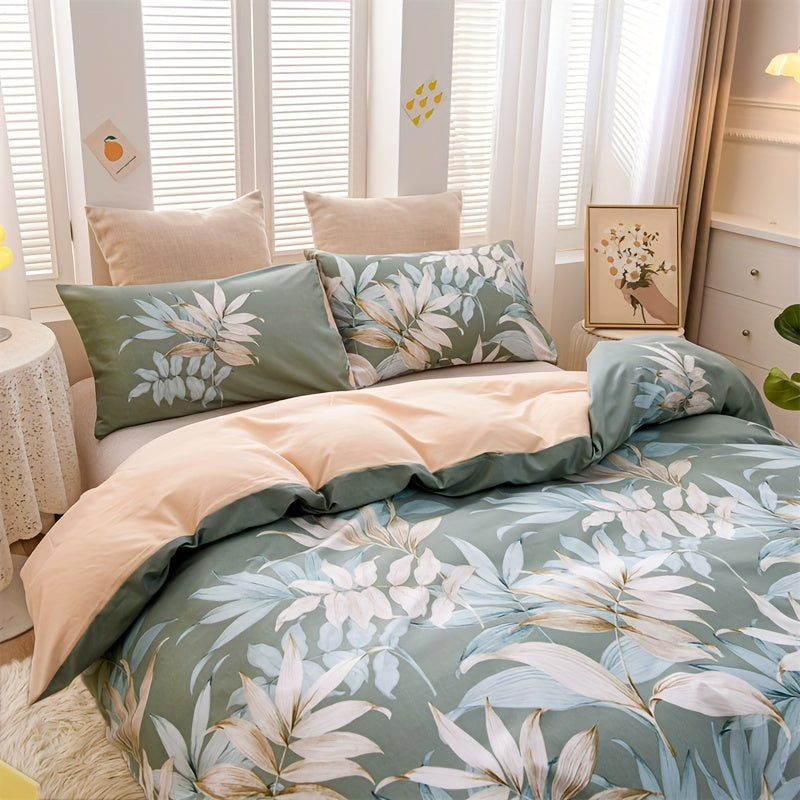Green Leaf Print Duvet Cover Set with Pillowcases 3 Pieces Soft Polyester for Bedroom