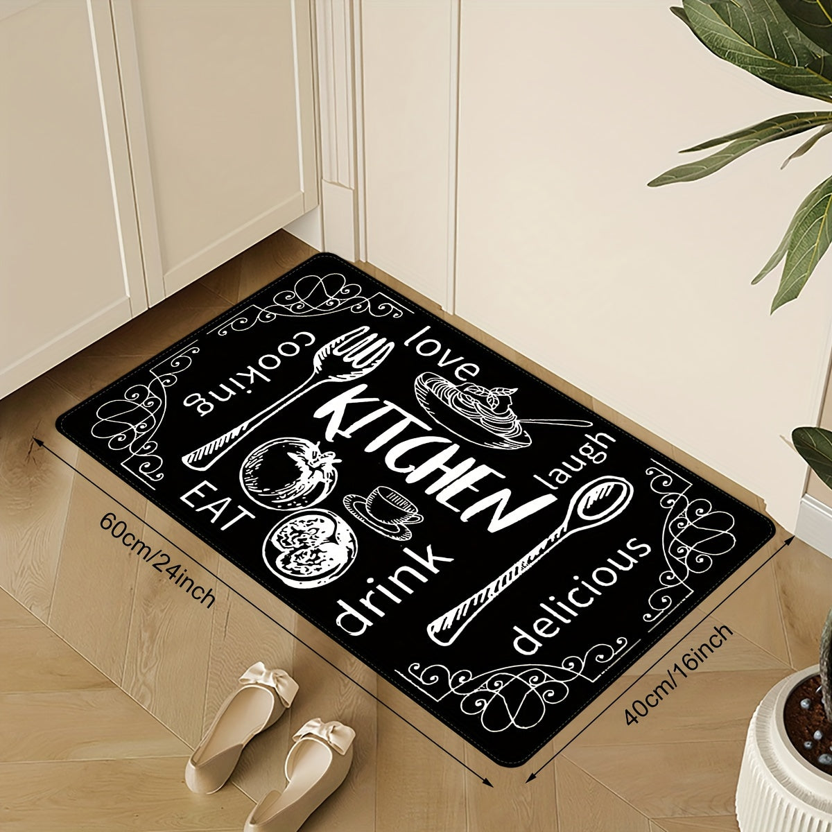 Black Kitchen Floor Mat Non-Slip Washable with Cooking and Dining Themes for Doorways Laundry Bathroom