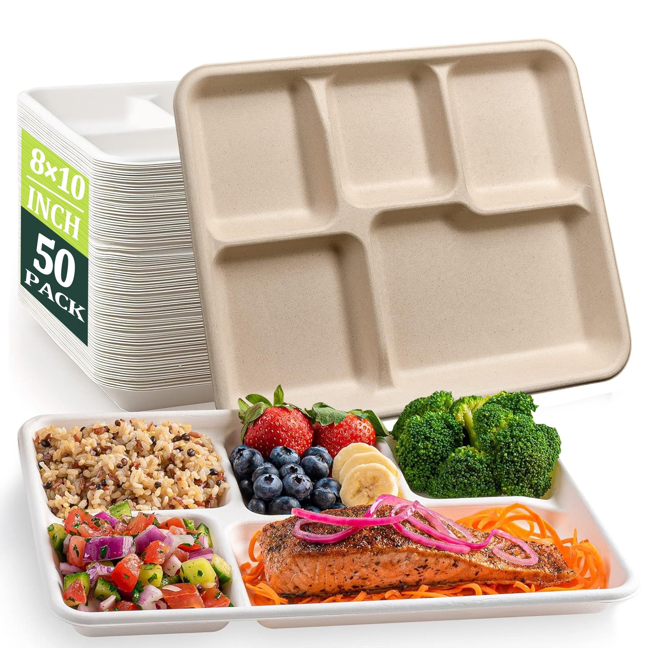 50-Pack Compostable Dinner Plates with 5 Compartments for Parties and Picnics