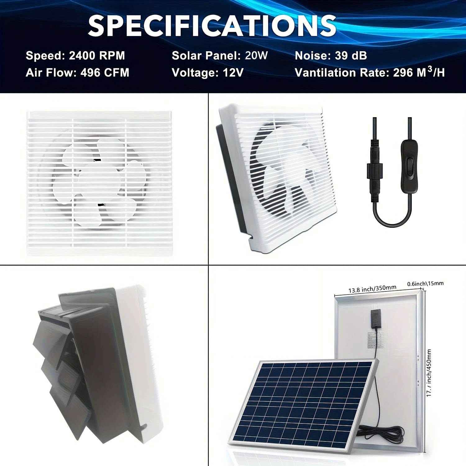 Quyosh energiyali chiqarish ventilyatori to'plami, louverli dizayni bilan, issiqxonalar, shiftdan, parranda uyalaridan, garajlardan, bog'lardan, attiklardan, fermalardan, podvallardan va RVlar uchun mos. Batareya yo'q