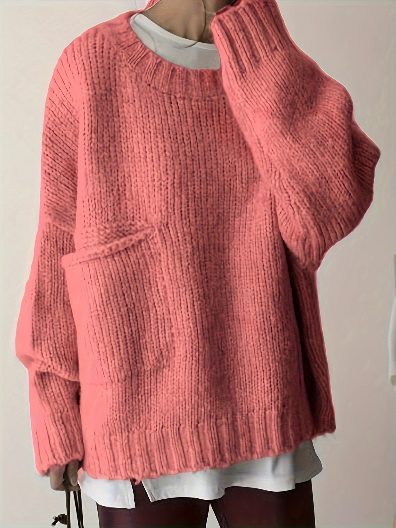 Suéter de punto verde de talla grande para mujer con bolsillos, cuello redondo, manga larga y cómodo