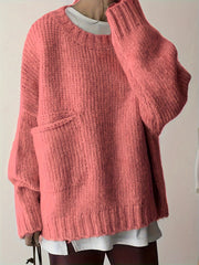 Suéter de punto verde de talla grande para mujer con bolsillos, cuello redondo, manga larga y cómodo