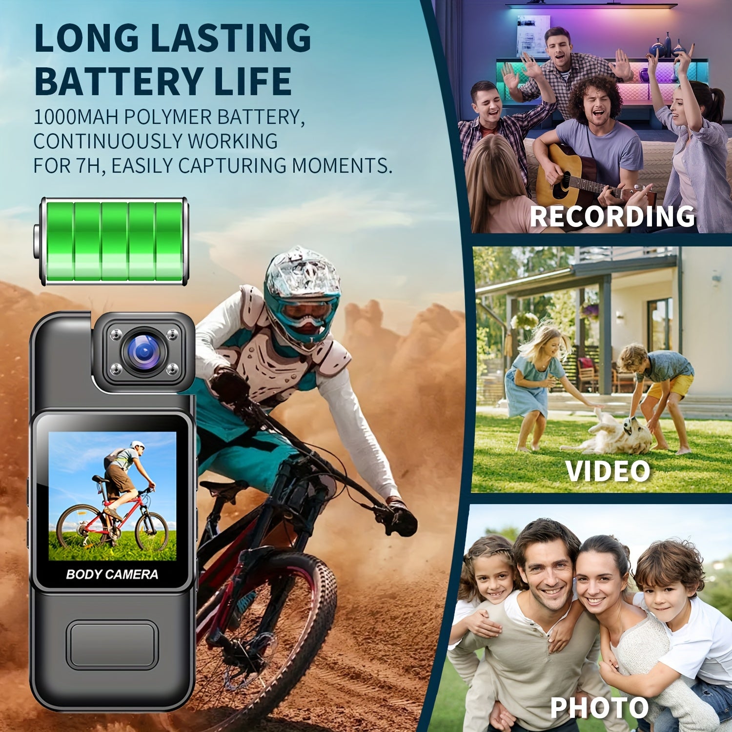 1080P HD Harakatli Sport Kamera 360° buriladigan linza bilan, kechqurun ko‘rish va uzoq batareya