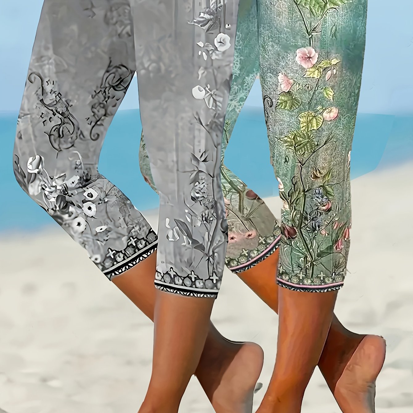 Plus Size Women's Floral Print Capri Leggings Stretchy Mid-Calf Pants