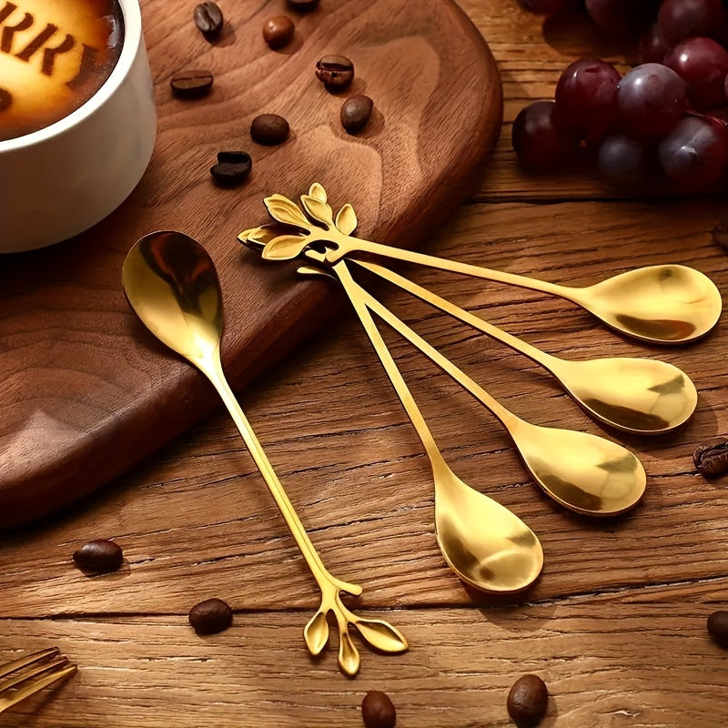 Golden Stainless Steel Spoon Set with Leaf Accents Dishwasher Safe for Stirring Fruit and Appetizers