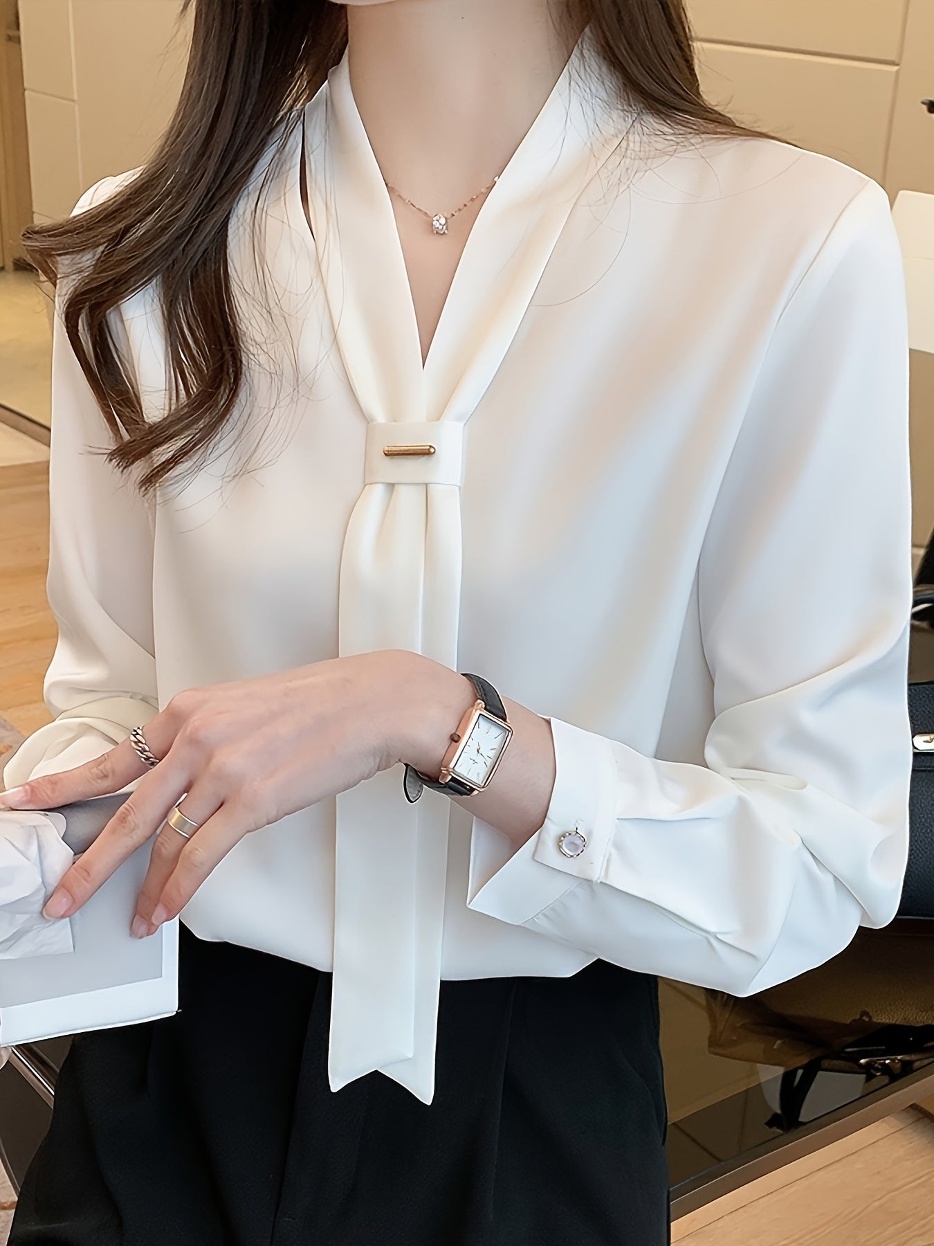 White Chiffon Blouse for Women Tie Neck Long Sleeve Solid Dressy Casual