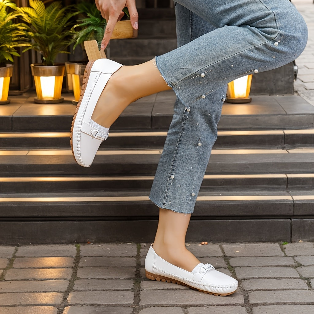 Women’s Breathable Flat Shoes - Round Toe Slip-Ons, White, All-Season