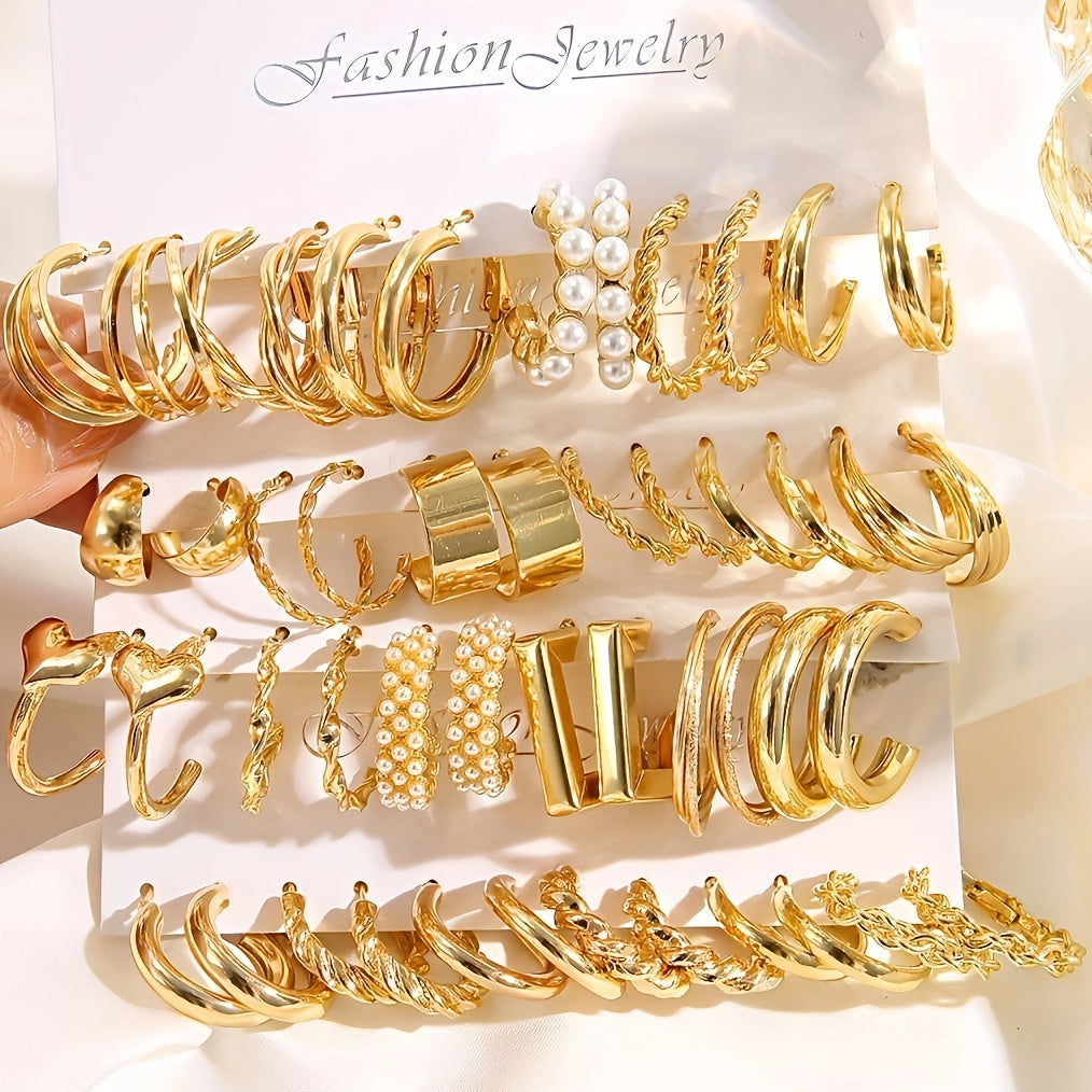 48pcs Gold-Tone Hoop Earrings Set Zinc Alloy Stainless Steel Posts Casual Gift Jewelry