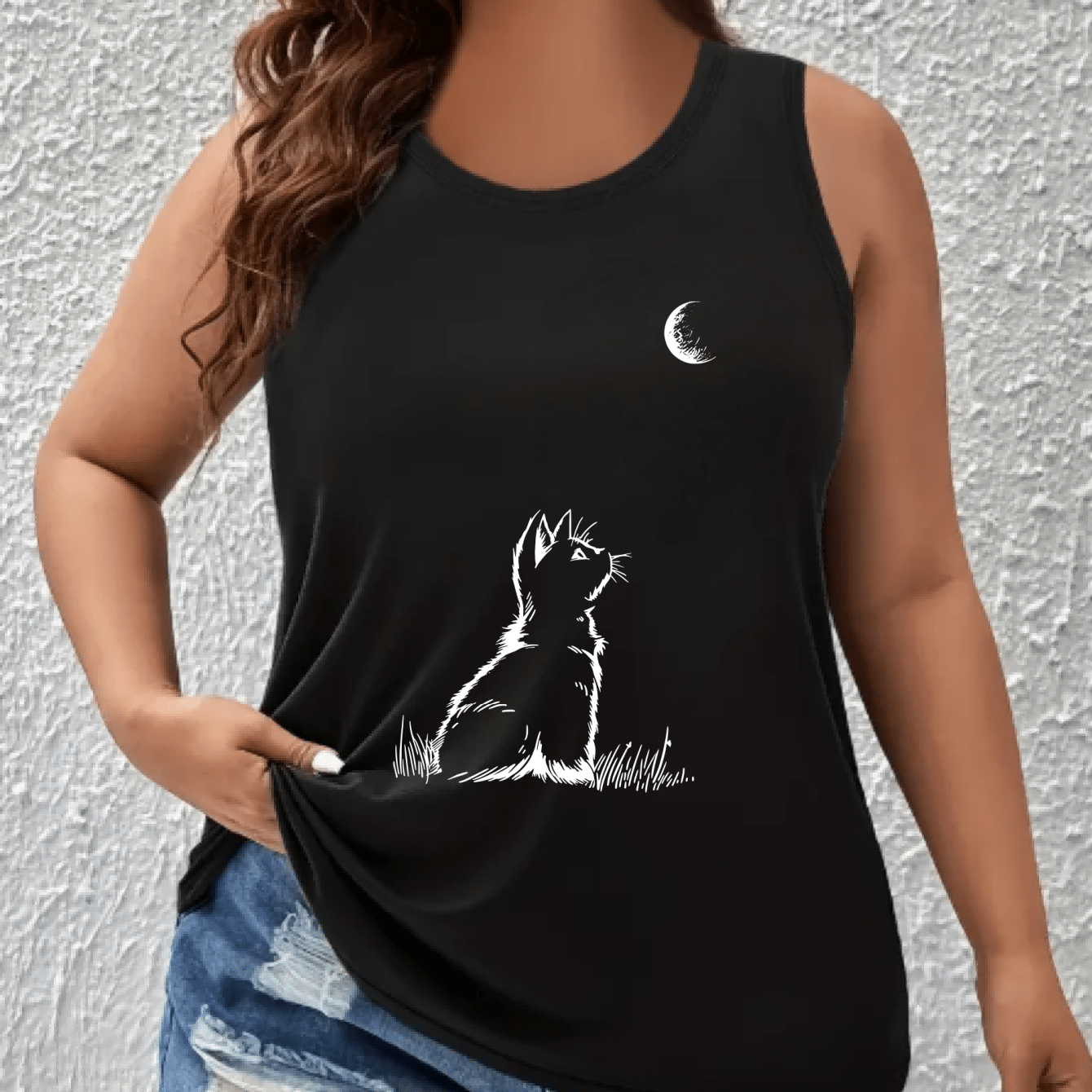 Women's Plus Size Sleeveless Tank Top with Cartoon Cat and Moon Print