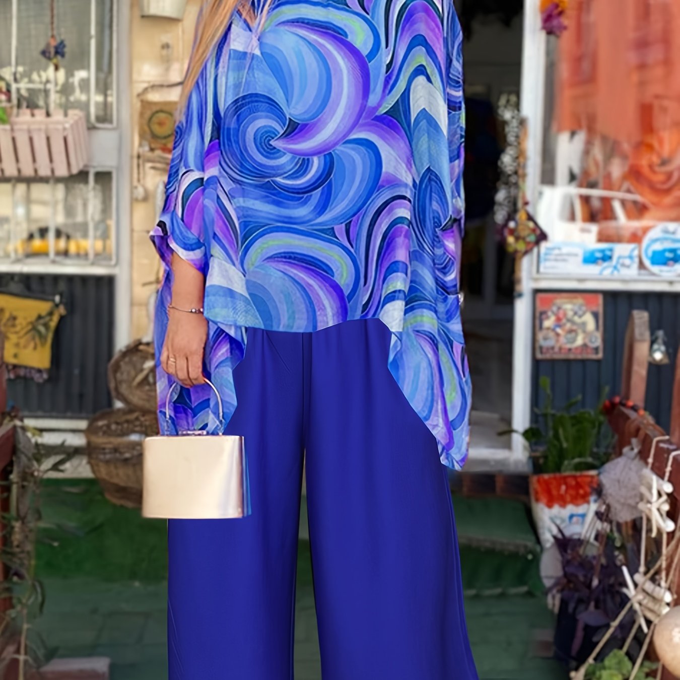 Women's Two-Piece Outfit Abstract Swirl Print Crew Neck Top Black Pants Polyester Blend Spring Summer