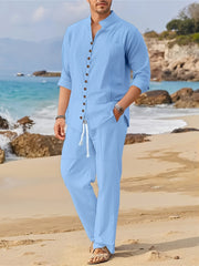 Men's Cotton Cuban Style Casual Suit for Spring and Autumn Two-Piece Set