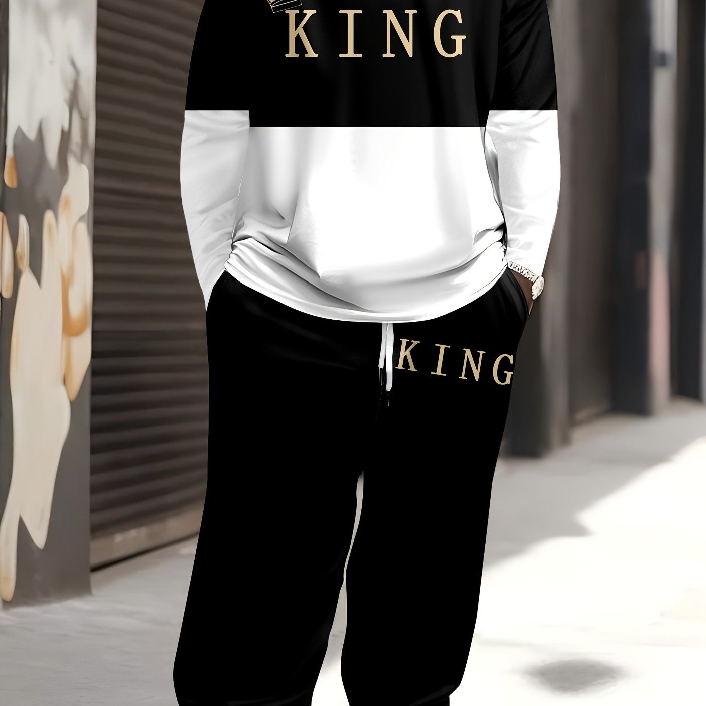 Men's Plus Size Cartoon King Print Sports Casual Sweatsuit Set Polyester Knit with Pockets