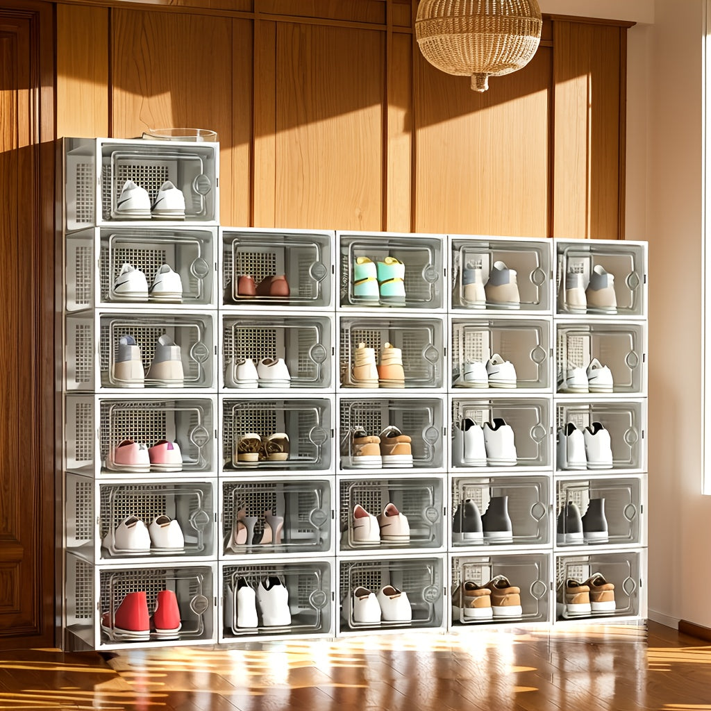 Stackable Foldable Shoe Cabinet with Transparent Doors Dust-Proof Multi-Layer Storage
