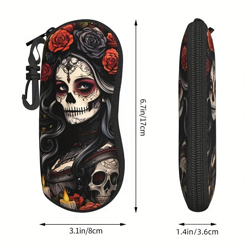 Ultra-Light Sugar Skull Glasses Case with Zipper Durable Rubber Eyewear Protector for Men and Women