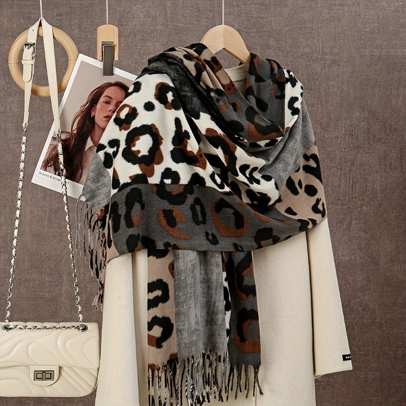 Faux Fleece Leopard Print Scarf with Tassels Warm Cozy Fashion Accessory