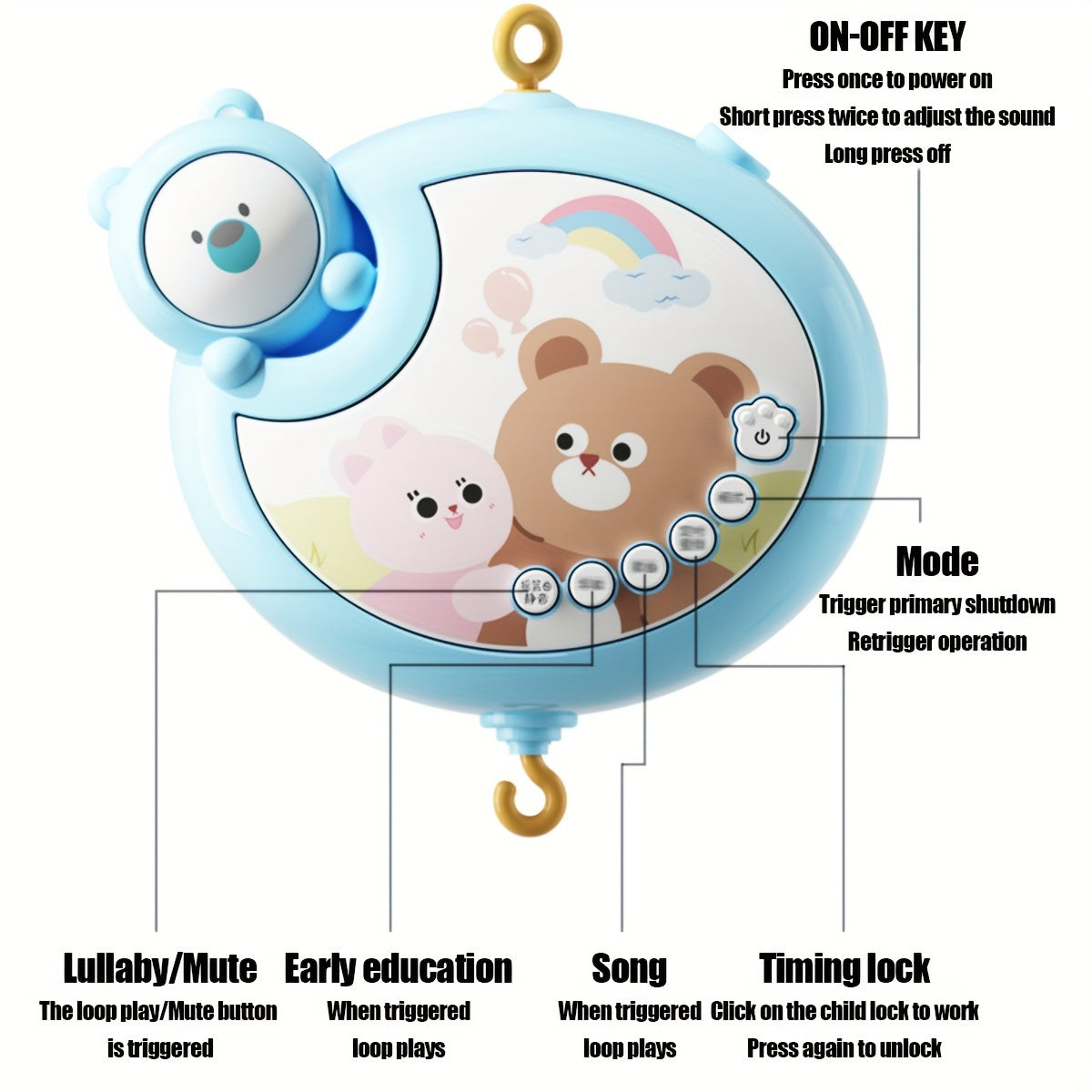 Bolalar uchun yoritgichli mobil, musiqa va aylanuvchi o'yinchoqlar bilan, BPAsiz plastmassa, aralash ranglar