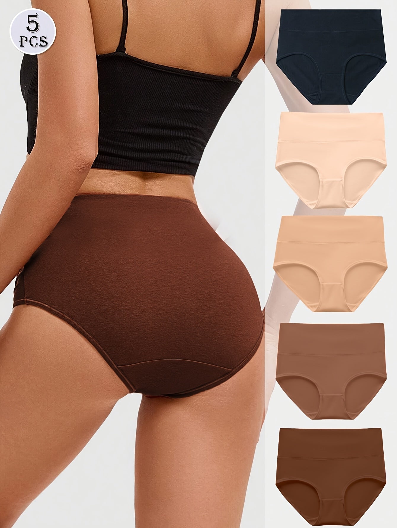Women's High Waist Cotton Briefs 5-Pack Breathable Solid Color Underwear
