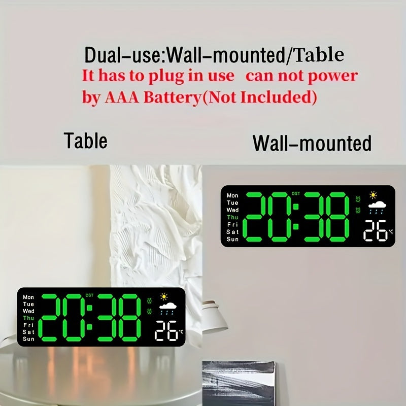 11-Inch Digital Wall Clock with Temperature Date Display Auto Dimming Snooze USB Powered Remote