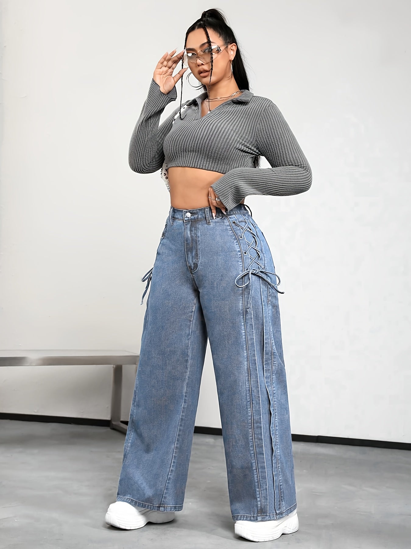 Plus Size Women's Wide Leg Casual Jeans With Side Tie Elastic Waist