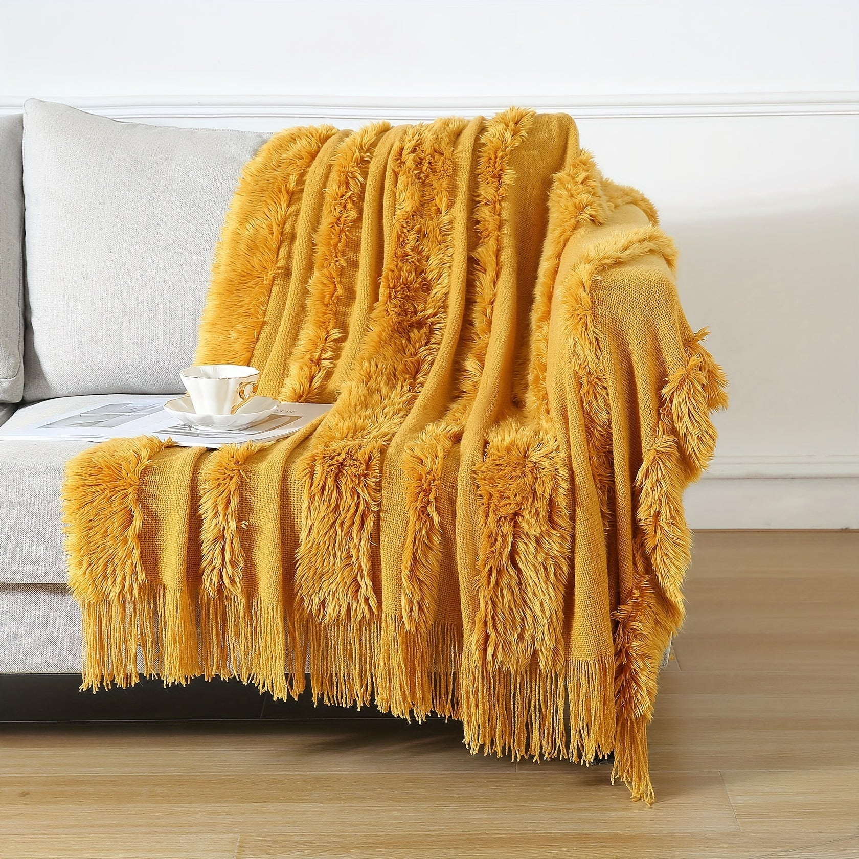 Acrylic Chunky Knit Throw Blanket with Tassels for Couch and Home Decor