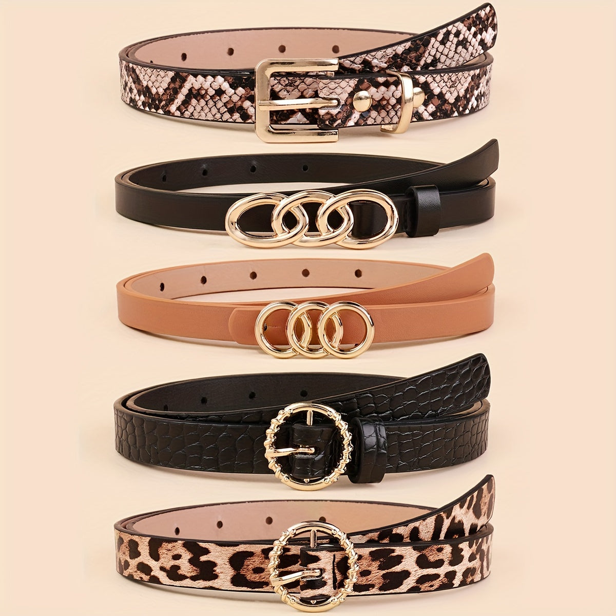 Набор из 5 женских тонких ремней из искусственной кожи в однотонных цветах для платьев и пальто