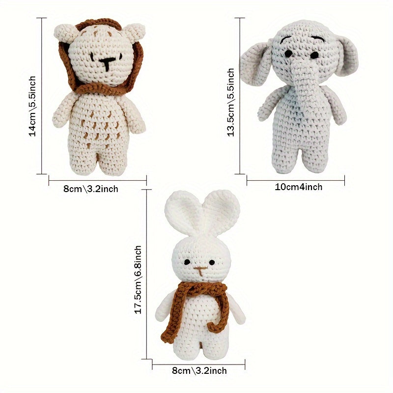 Crocheted Animal Plush Toys Elephant Lion Bunny Cotton Play Dolls Khaki Grey White