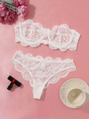 Women’s French Style Lace Lingerie Set Floral Pattern No Chest Pad Drop Waist Briefs