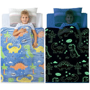 Kids' Glow-in-the-Dark Dinosaur Blanket with Cartoon Dinos and Palm Trees in 3 Sizes